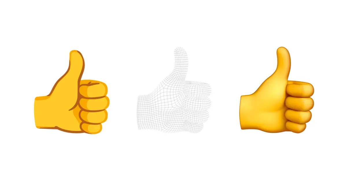 Modele 3D de emoji cu degetul mare ridicat, în diverse stiluri.