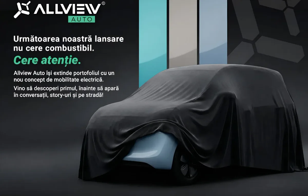 Teaser pentru noul automobil electric Allview, acoperit cu o pânză.