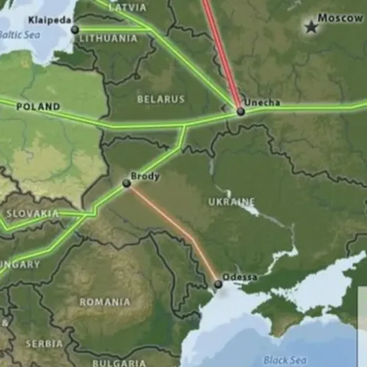 Hartă a conductei Drujba și rutele de livrare a petrolului în Europa.