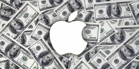 Logo Apple pe fundal de bancnote de dolari.