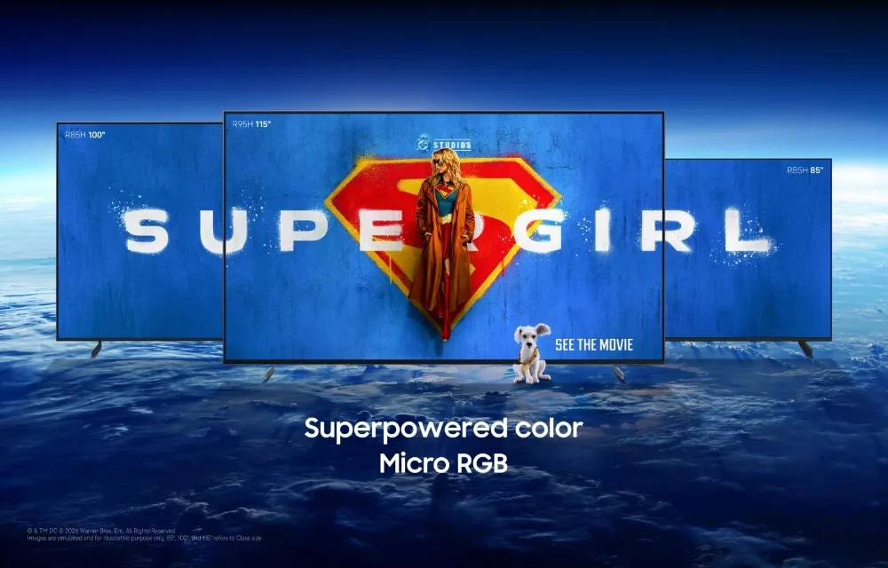 Televizoare Samsung prezentând conținutul Supergirl pe fundal albastru.