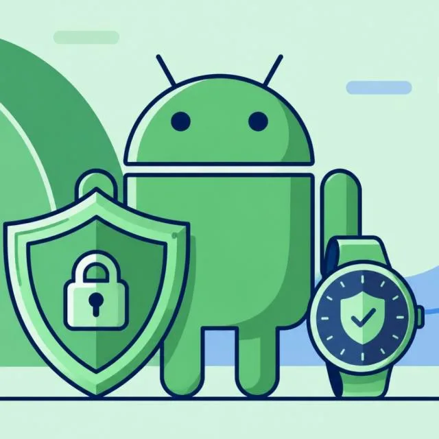 Un robot verde Android cu un scut și un ceas, simbolizând securitatea.