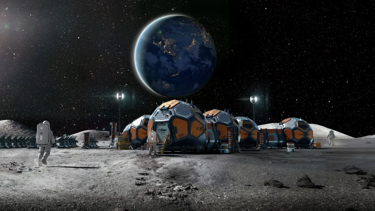 Viziune artistică a unei baze lunare cu astronauți și Pământul în fundal.