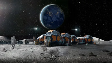 Viziune artistică a unei baze lunare cu astronauți și Pământul în fundal.