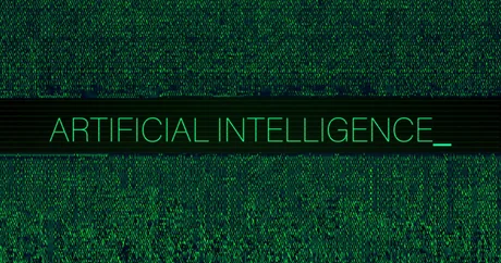 Un fundal digital cu text verde pe negru, reprezentând inteligența artificială.