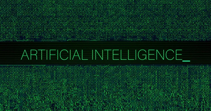 Un fundal digital cu text verde pe negru, reprezentând inteligența artificială.