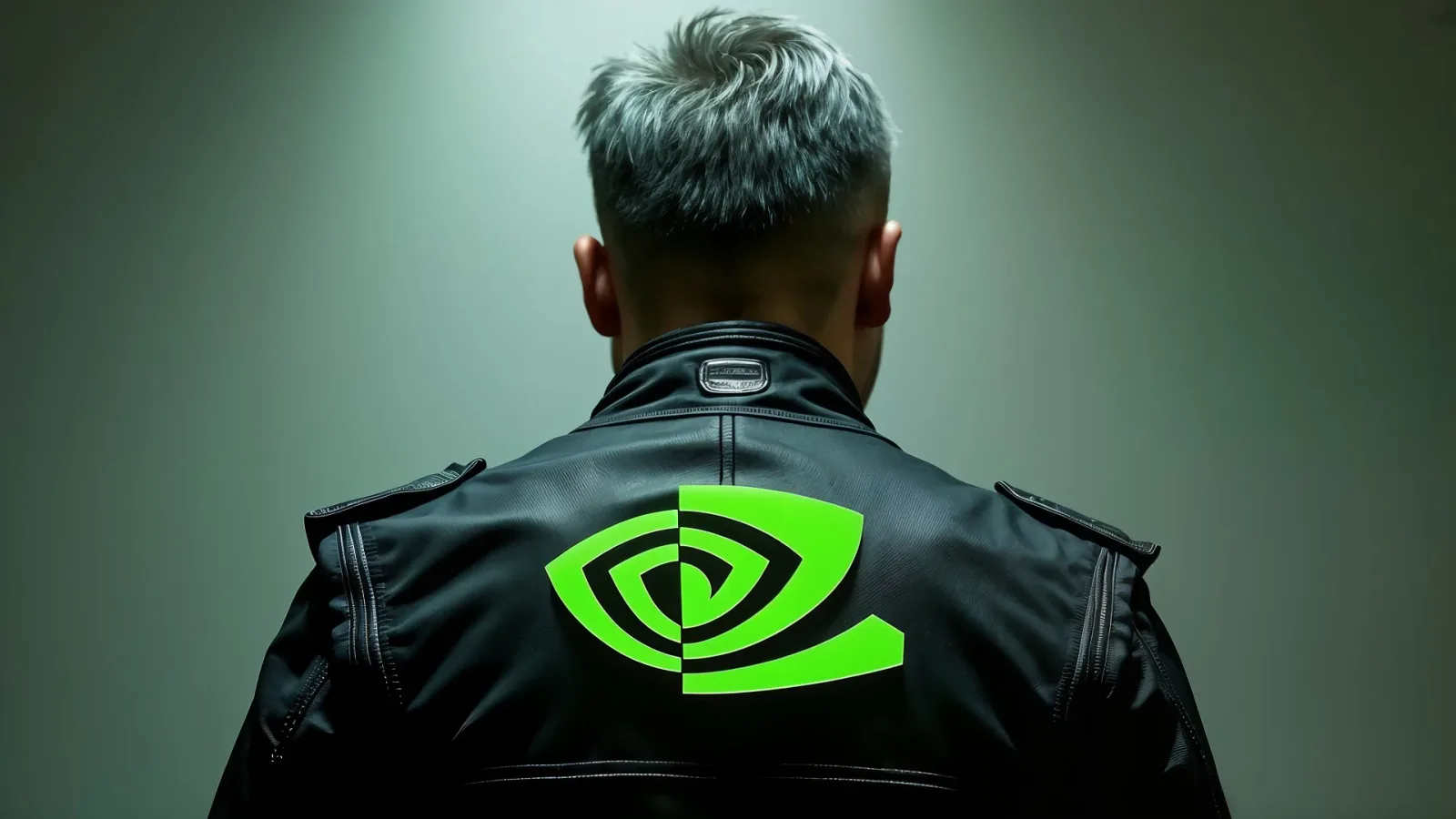 Persoană cu spatele, purtând o jachetă cu logo-ul Nvidia.