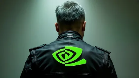Persoană cu spatele, purtând o jachetă cu logo-ul Nvidia.