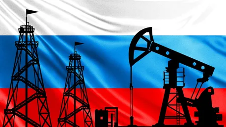 Flacăra simbolică a industriei petroliere rusești pe fundalul steagului național.