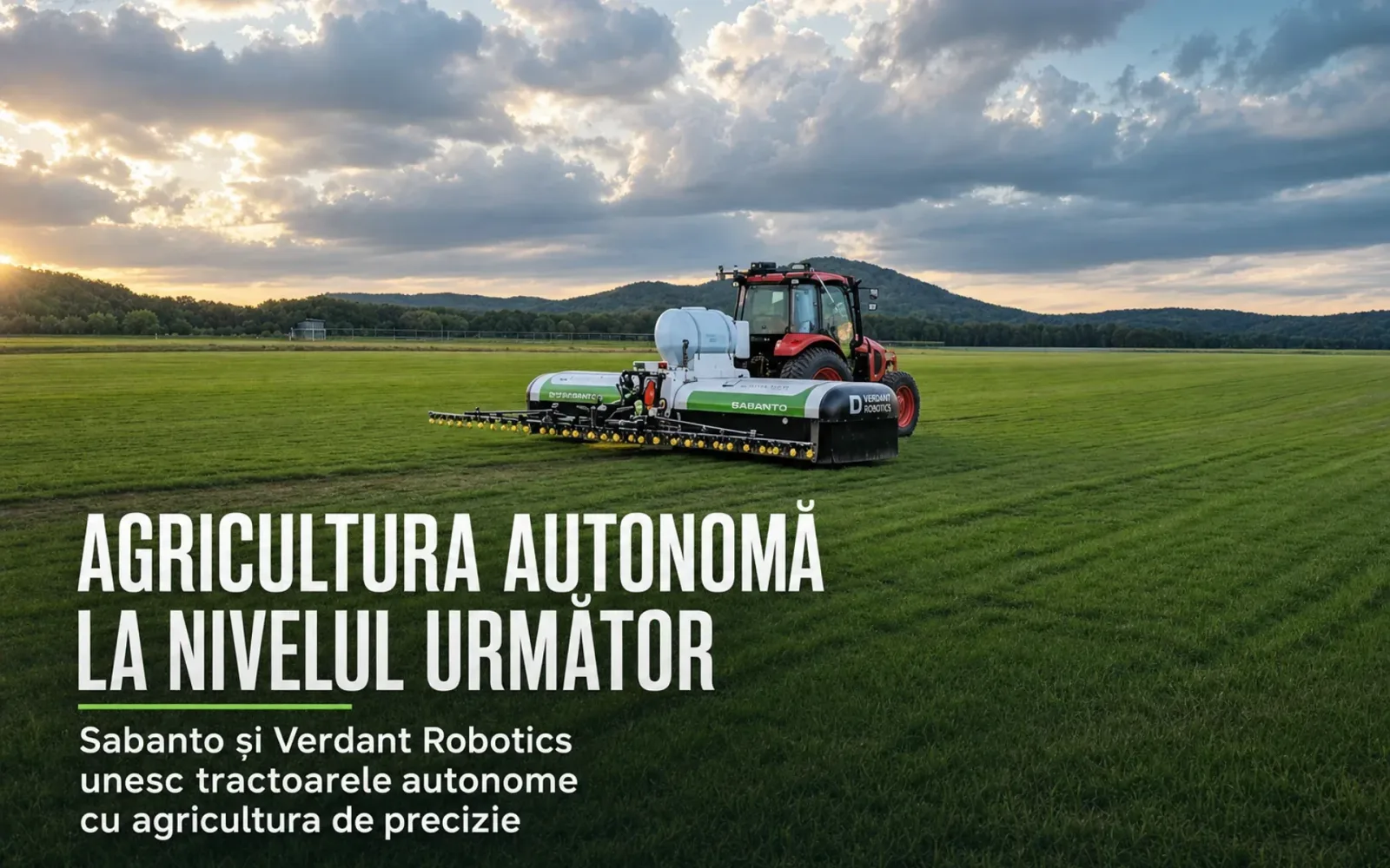 Tractor autonom aplicând tratamente precise pe câmp, în peisaj rural.