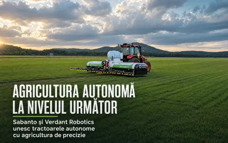 Tractor autonom aplicând tratamente precise pe câmp, în peisaj rural.