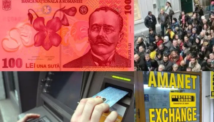 Bancnote de 100 lei pe fundal urban, simbolizând economia românească.