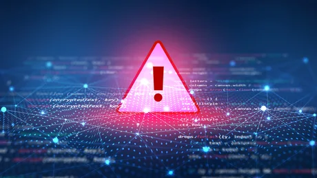 Simbol de avertizare pe fundal digital, indicând probleme de securitate.