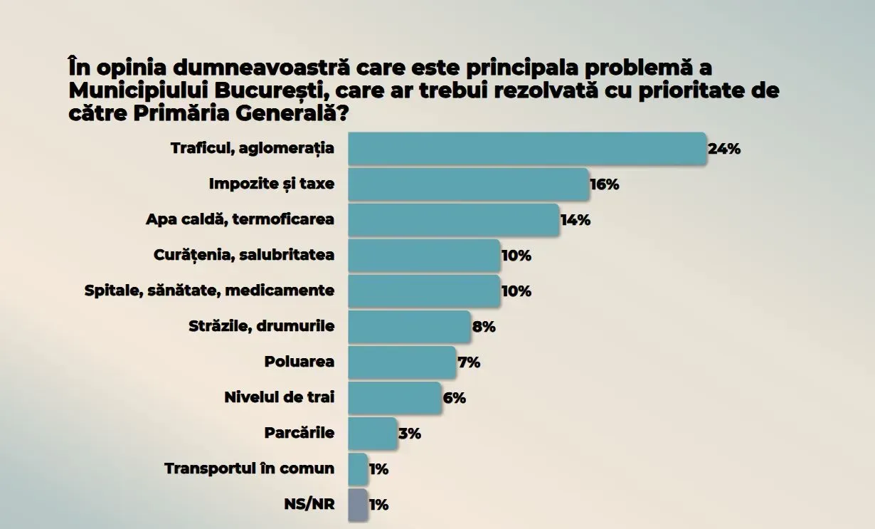 Grafic care ilustrează problemele principale ale Bucureștiului, inclusiv traficul și poluarea.