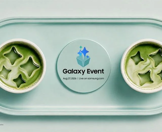 Eveniment Samsung cu două cești de băutură verde pe un fundal deschis.