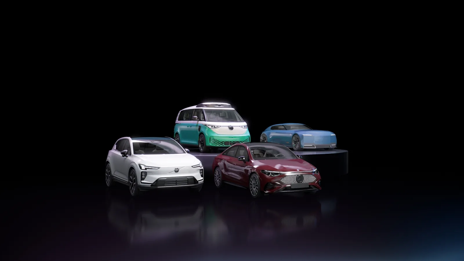 Vehicule autonome prezentate pe o platformă modernă, evidențiind inovațiile tehnologice.