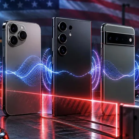 Dispozitive mobile cu tehnologie audio avansată pe fundalul steagului american.