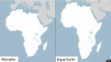 Compararea proiecțiilor Mercator și Equal Earth pentru continentul african.