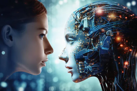 O femeie și un robot interacționează într-un mediu futurist.
