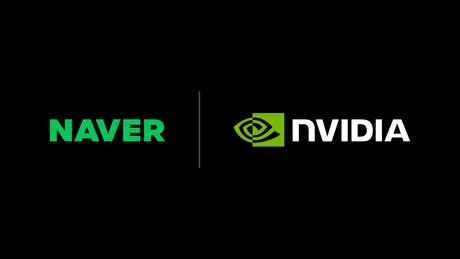 Logo-urile NAVER și NVIDIA pe un fundal negru, simbolizând colaborarea în AI.