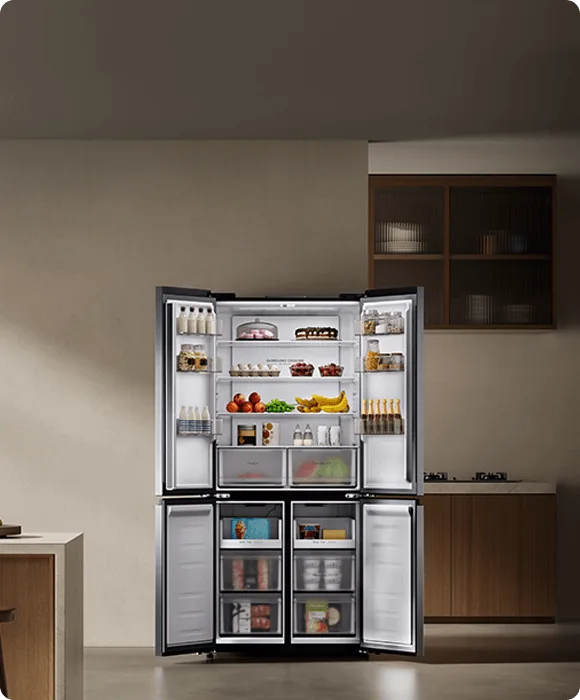 Frigider Mijia Cross Door cu interior bine organizat și alimente proaspete.