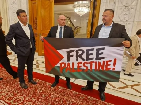 Protest în Parlament cu un banner pentru Palestina și discuții aprinse.