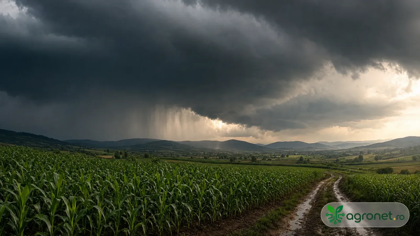 Peisaj agricol în Transilvania, cu nori întunecați și câmpuri de porumb înainte de furtună.