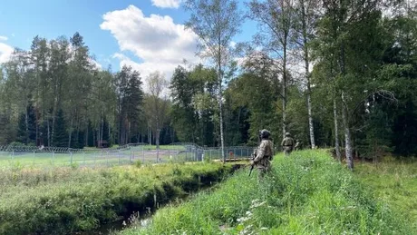 Soldați patrulând la granița Letoniei cu Belarus, în contextul crizei migratorii.