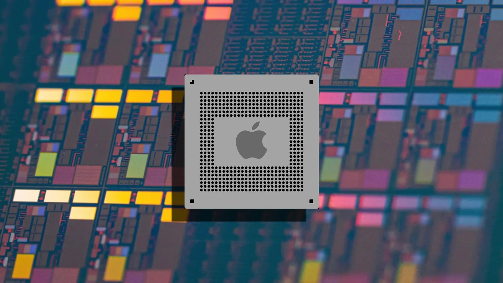 Cip Apple pe un fundal colorat de circuite integrate.