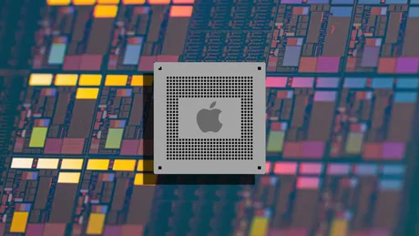 Cip Apple pe un fundal colorat de circuite integrate.