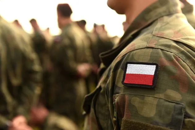 Soldat polonez în uniformă, cu insigna națională pe umăr.