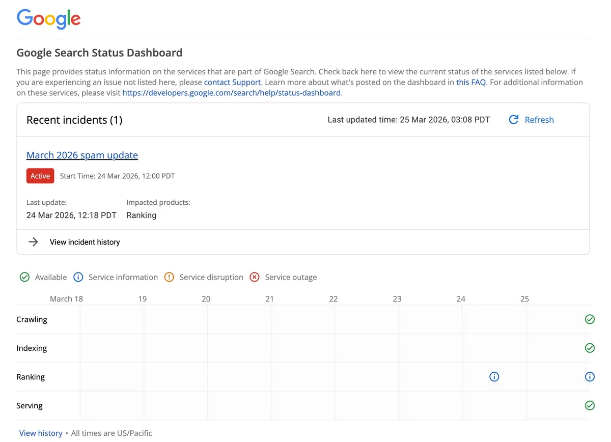 Panou de control Google Search cu actualizări recente de algoritm spam.