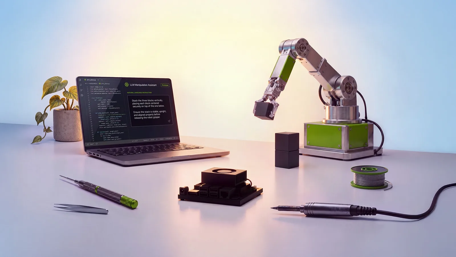 Un robot de birou interacționează cu un laptop și un set de unelte.