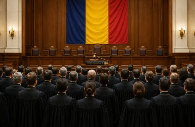 Sesiune solemnă în sala de judecată, cu steagul României în fundal.