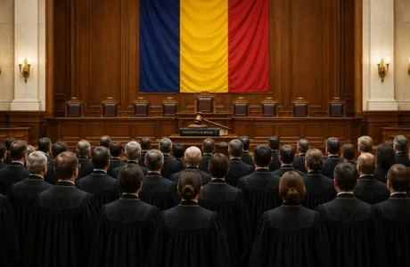 Sesiune solemnă în sala de judecată, cu steagul României în fundal.