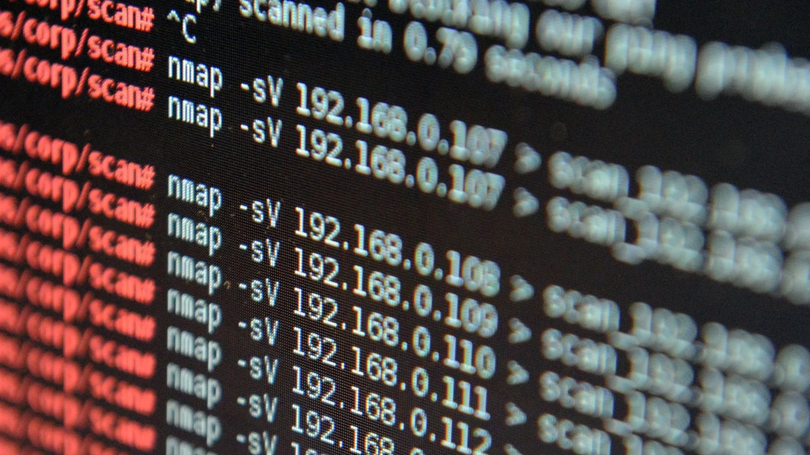 Captură de ecran cu cod și adrese IP într-un mediu de hacking.