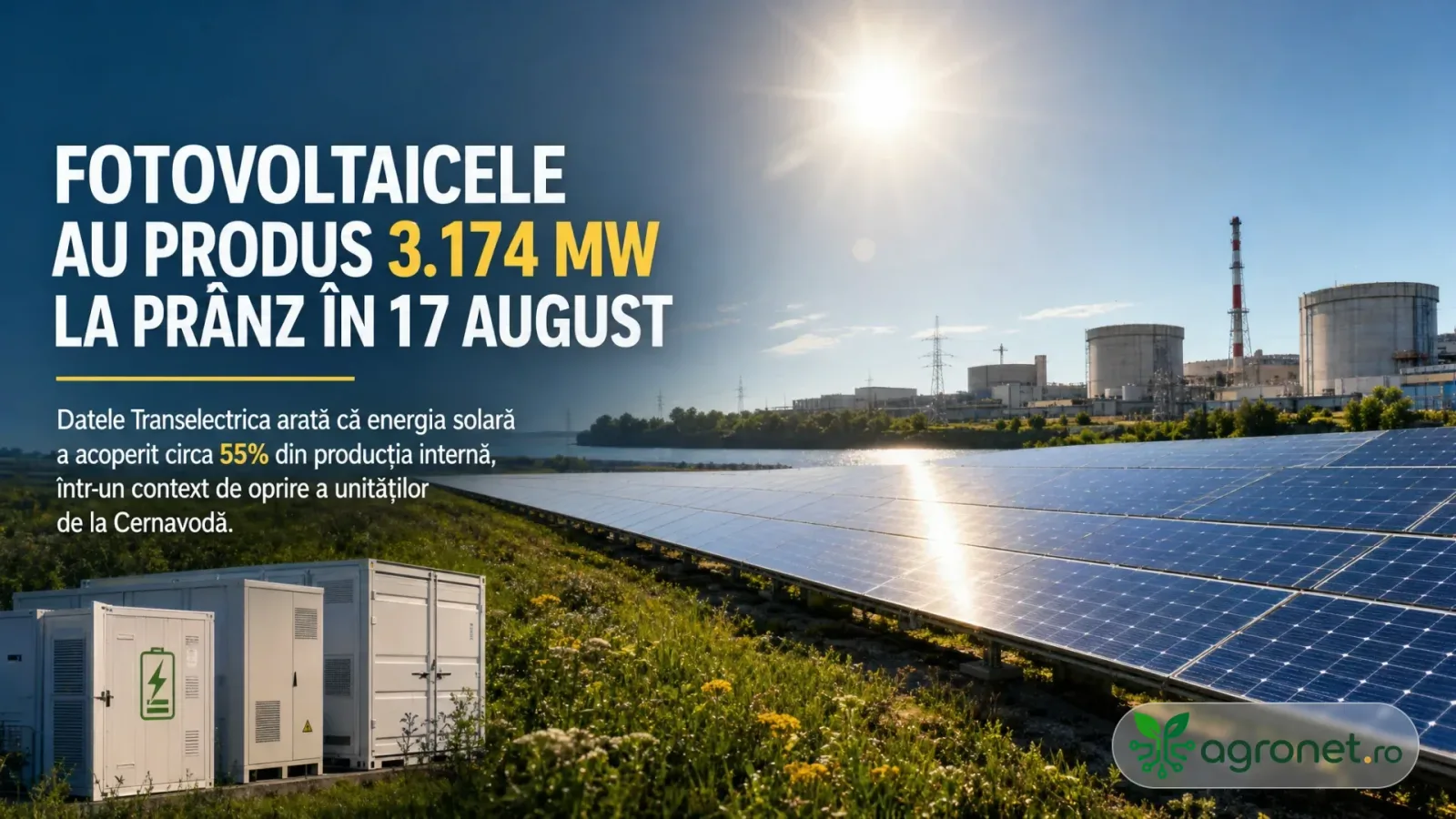 Panouri fotovoltaice în România, cu soarele strălucind și reactoare nucleare în fundal.