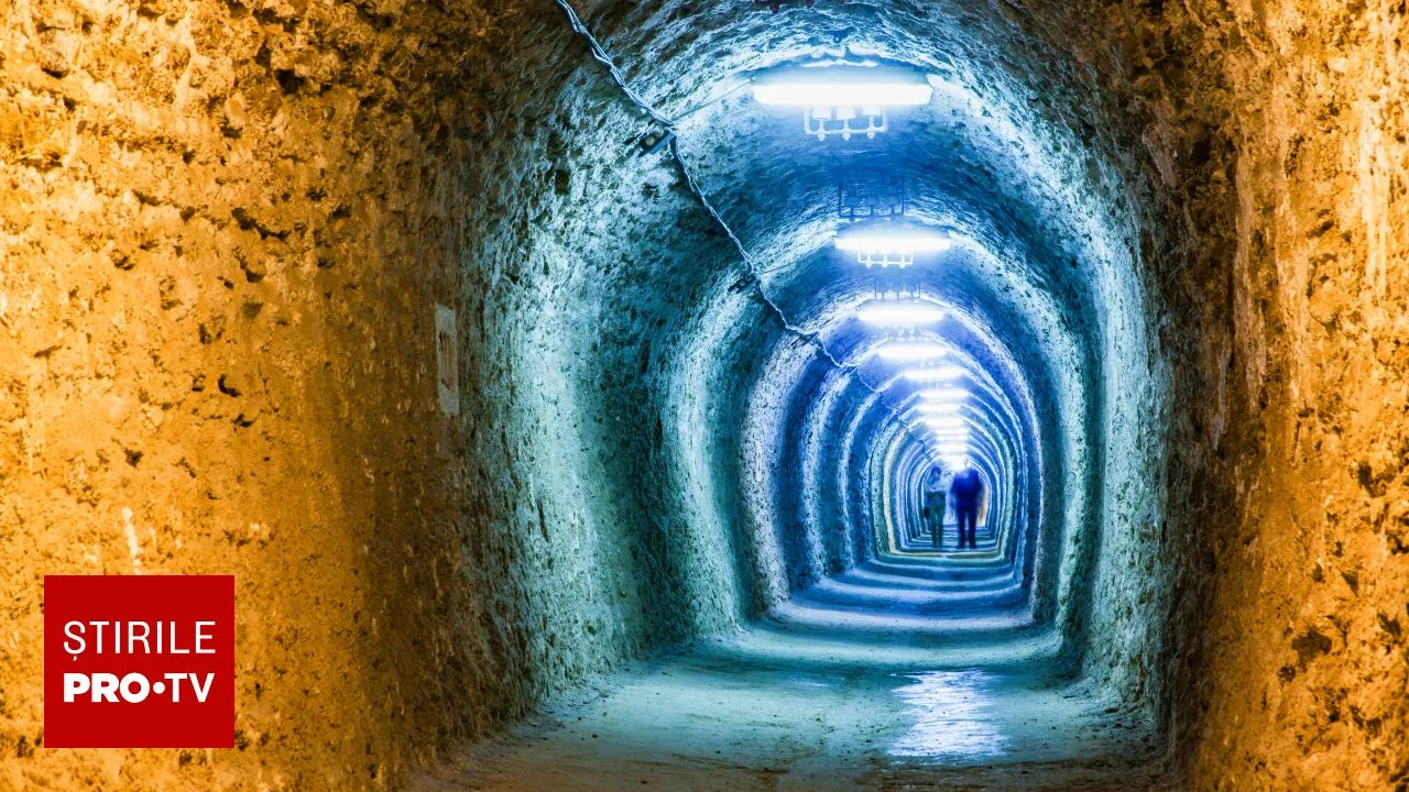 Tunel iluminat din mina de grafit de la Baia de Fier.
