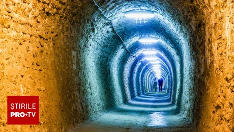 Tunel iluminat din mina de grafit de la Baia de Fier.