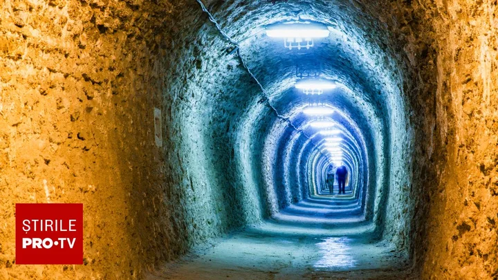 Tunel iluminat din mina de grafit de la Baia de Fier.