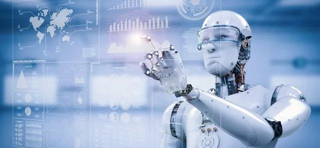 Un robot interacționează cu date digitale pe un ecran.