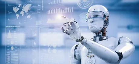 Un robot interacționează cu date digitale pe un ecran.