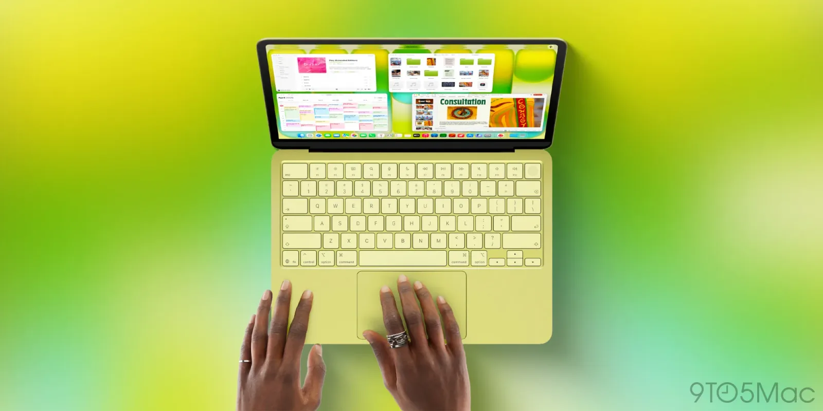Laptop MacBook Neo cu un design modern și culori vibrante, utilizat de o persoană.