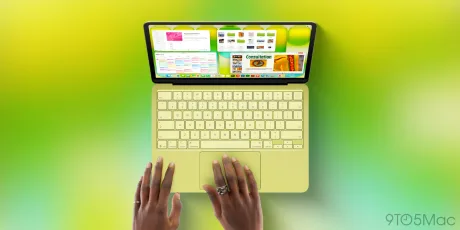 Laptop MacBook Neo cu un design modern și culori vibrante, utilizat de o persoană.