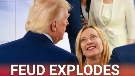 Giorgia Meloni privește admirativ spre Donald Trump într-un cadru tensionat.