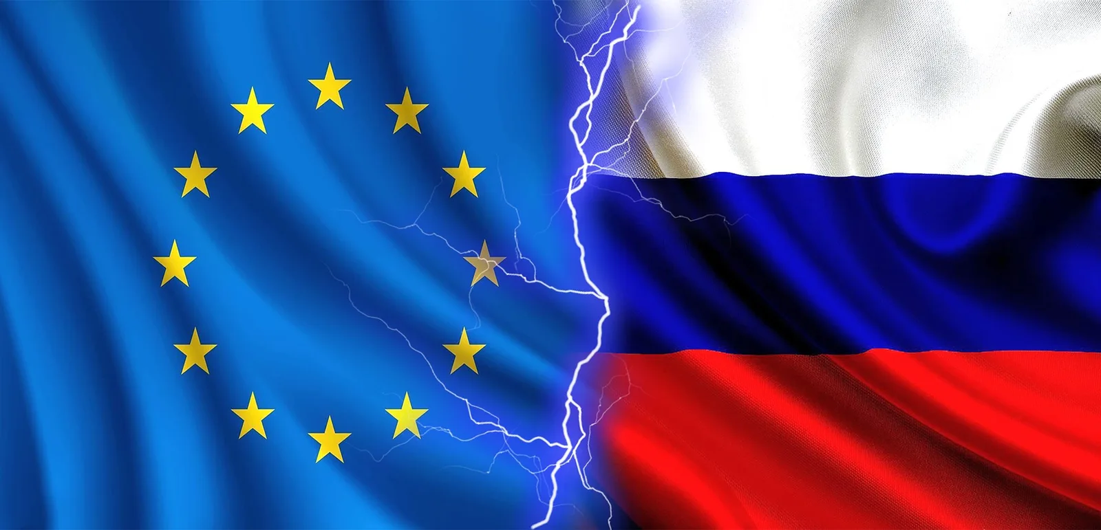 Steagurile Uniunii Europene și Rusiei, simbolizând tensiuni geopolitice.
