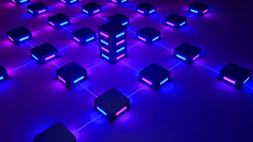 Rețea de blocuri colorate, simbolizând tehnologia blockchain și inovația financiară.