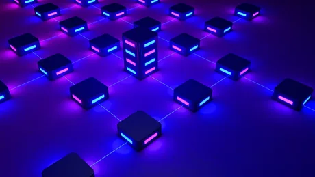 Rețea de blocuri colorate, simbolizând tehnologia blockchain și inovația financiară.