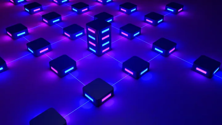 Rețea de blocuri colorate, simbolizând tehnologia blockchain și inovația financiară.