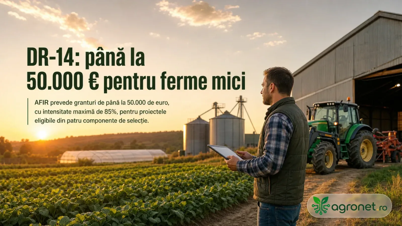 Un fermier analizează datele pe tabletă într-o fermă mică, cu utilaje agricole în fundal.